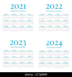 2021-2024 Calendrier avec les semaines commence le dimanche Illustration de Vecteur