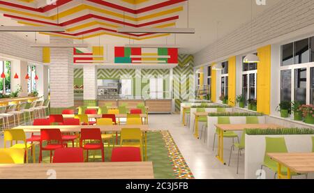 Intérieur de la cantine pour enfants de l'école. Visualisation 3D de la salle à manger pour les écoliers. Banque D'Images