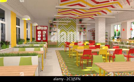 Intérieur de la cantine pour enfants de l'école. Visualisation 3D de la salle à manger pour les écoliers. Banque D'Images