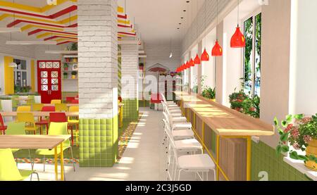 Intérieur de la cantine pour enfants de l'école. Visualisation 3D de la salle à manger pour les écoliers. Banque D'Images