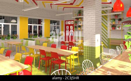 Intérieur de la cantine pour enfants de l'école. Visualisation 3D de la salle à manger pour les écoliers. Banque D'Images