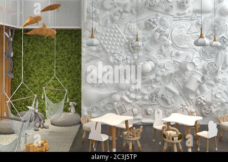 Jardin d'enfants ou café pour enfants avec une zone de jeux avec jouets et tables à manger. Décoration intérieure moderne et créative. Rendu 3D Banque D'Images