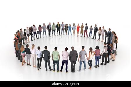 Un groupe de personnes différentes se trouve dans un cercle isolé sur fond blanc. Un événement social ou une réunion publique avec une étape vide pour une performance. Banque D'Images