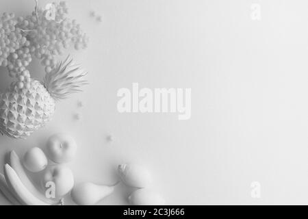 Composition monochrome de la figure blanche des fruits sur fond blanc. Bannière avec espace de copie pour le texte. Un ensemble de nourriture sur la vue de dessus. Rendu 3D. Banque D'Images