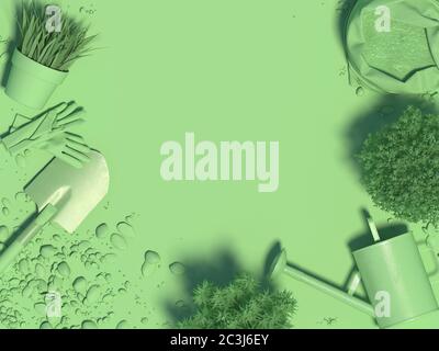 Fond monochrome vert printemps avec outils de jardin et plantes dans pots de fleurs. Copier l'espace. Vue de dessus. Rendu 3D. Banque D'Images