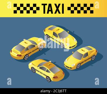 Berline jaune. Transport en taxi, service. Infographies et concept de jeu. Conception de voiture de taxi. Illustration vectorielle isométrique 3d plate. Illustration de Vecteur