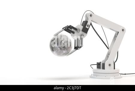 Robot industriel isolé sur fond blanc. La main robotique tient une lune. Image créative conceptuelle de l'intelligence artificielle avec espace de copie. 3D r Banque D'Images