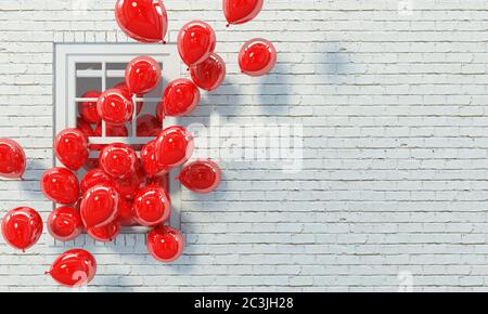 De nombreux ballons rouges survolent à travers une fenêtre ouverte sur l'arrière-plan d'un mur de briques blanches. Copier l'espace. Rendu 3D. Banque D'Images