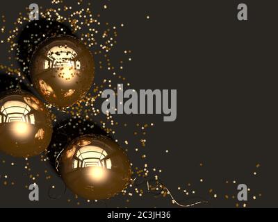 Trois ballons dorés avec confetti dorés se trouvent sur un fond noir. Vue de dessus. Carte de vœux de fête avec espace pour la copie. Rendu 3D. Banque D'Images