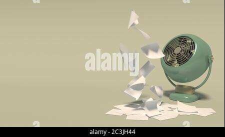 Bannière avec ventilateur vert ancien soufflant sur des feuilles de papier blanches vierges. Objets isolés sur un fond jaune-vert clair avec espace pour le texte. Rendu 3D Banque D'Images
