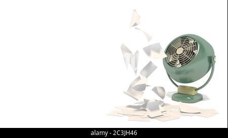 Bannière avec ventilateur vert ancien soufflant sur des feuilles de papier blanches vierges. Objets isolés sur un fond blanc avec espace pour le texte. Rendu 3D Banque D'Images