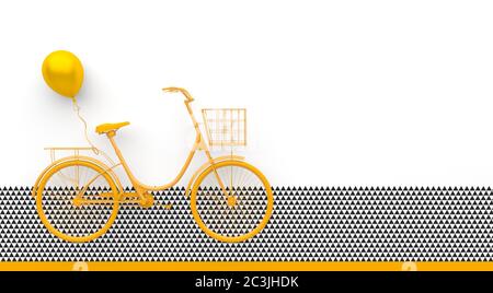 Vélo rétro simple avec ballon peint en jaune monochrome. Isolé sur fond blanc avec motif géométrique noir et blanc. Station santé Copy Banque D'Images