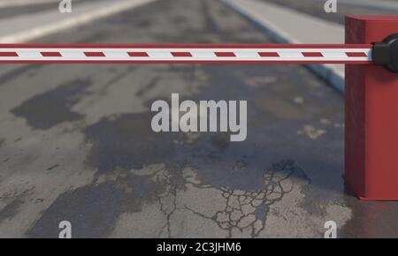 Barrière de route rouge abaissée gros plan sur un fond flou de route asphaltée mouillée et fissurée avec des fosses et des flaques. Illustration du rendu 3D Banque D'Images