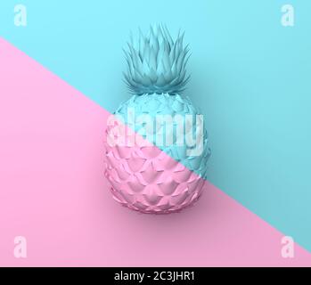 Seul l'ananas est divisé en bleu et rose à moitié obliquement. Illustration dans des couleurs pastel. Fruits exotiques tropicaux isolés sur pâte rose et bleue Banque D'Images
