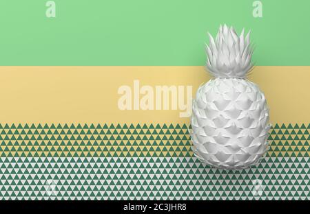 Un ananas blanc isolé sur un fond avec une bande et des triangles vert pâle, jaune et blanc. Fruits exotiques tropicaux à motifs géométriques. 3 Banque D'Images