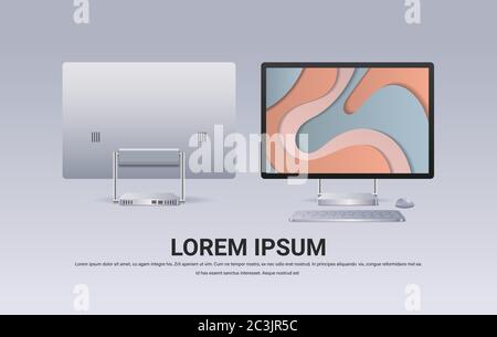 moniteur d'ordinateur moderne avec clavier souris et écran couleur maquette réaliste gadgets et périphériques concept vue avant arrière horizontal espace copie illustration vectorielle Illustration de Vecteur