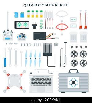 Jeu de quadcopters, équipement, pièces de rechange, outils illustration vectorielle dans un modèle plat Illustration de Vecteur