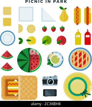 Pique-nique d'été dans le parc sur la prairie, ensemble d'éléments de style plat vectoriel. Divers aliments, serviettes, panier, chapeau, appareil photo. Vue de dessus. Illustration vectorielle. Illustration de Vecteur