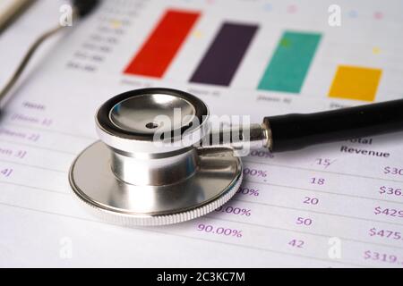 Stéthoscope sur papier graphique, financier, compte, statistiques et données commerciales concept de santé médicale. Banque D'Images