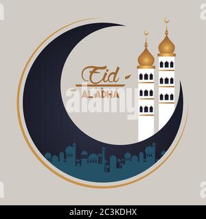 carte de célébration eid al adha avec motif vectoriel de tour de lune et de mosquée Illustration de Vecteur