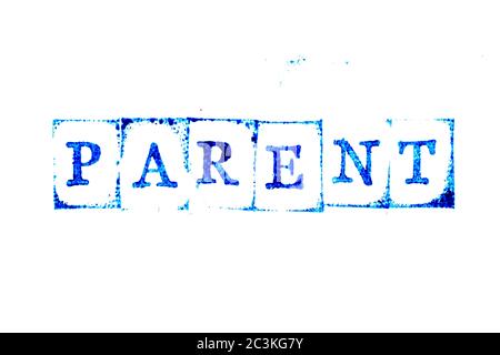 Encre bleue de tampon en caoutchouc dans le mot parent sur fond de papier blanc Banque D'Images