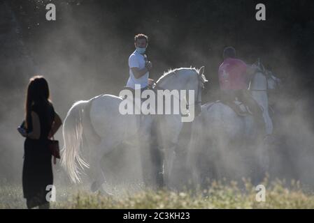 Les hommes ont pris leurs chevaux après l'annulation du Festival de San Juan en raison de la pandémie du coronavirus.ce festival est l'un des plus importants en Espagne et il est célébré chaque année au cours de la dernière semaine de juin, mais cette année, il a été suspendu en raison de la pandémie du coronavirus. Des centaines d'entre eux ont été annulés en Espagne. Parmi les plus importants, San Fermin, Las Fallas, la Tomatina et Feria de Abril. Crédit : SOPA Images Limited/Alamy Live News Banque D'Images