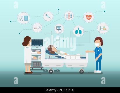 Concept de service médical avec illustration vectorielle de conception plate du patient et du ventilateur Illustration de Vecteur