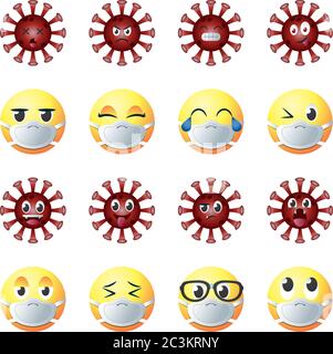 Emojis avec masques dégradé style icône ensemble conception de soins médicaux et covid 19 thème du virus illustration vectorielle Illustration de Vecteur