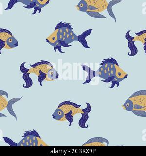 Motif sans couture de poissons de dessin animé d'aquarium d'eau douce. Illustration vectorielle dans le style d'esquisse. Concept de conception. Illustration de Vecteur