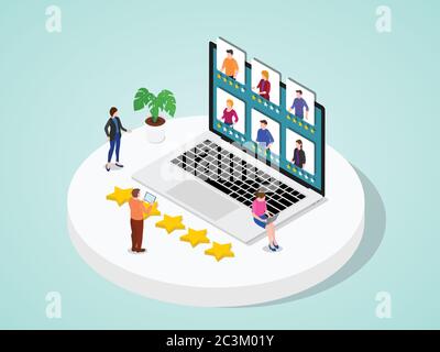 Les gens passent en revue en ligne en donnant à star à l'aide d'un appareil tablette pour ordinateur portable dessin animé à écran plat style vectoriel Banque D'Images