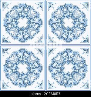 Carreaux de sol : motif vintage sans couture avec carreaux de ciment. Arrière-plan vectoriel transparent. Illustration vectorielle. Couleurs traditionnelles pour les carreaux hollandais - bleu a Illustration de Vecteur