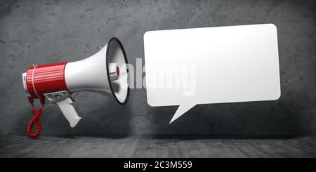 Mégaphone avec bulle de parole pour le texte d'annonce. Marketing et communication. illustration 3d Banque D'Images