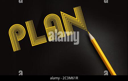 Planifier le mot et le crayon jaune sur fond noir. Concept de planification de carrière pour les affaires futures Banque D'Images
