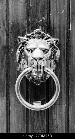 Prise de vue verticale en niveaux de gris d'un verrou de porte rouillé avec un Sculpture de lion à Venise Banque D'Images