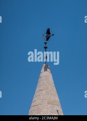 Raven survole le croissant sur la mosquée de Buyuk (Kebir), Larnaca, Chypre. Banque D'Images