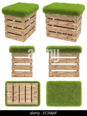 La chaise de la caisse en bois ou palette avec un siège d'herbe. Mobilier de jardin. Vue de dessus, vue latérale, vue de face, vue de dessous. Isolé sur fond blanc Banque D'Images