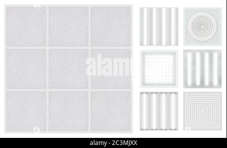 Plafonds suspendus à cassettes - grilyato. Kit pour un plafond modulaire - lampes et grilles de ventilation. Texture sans couture isolée sur fond blanc. Haut vi Banque D'Images