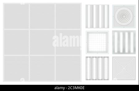 Plafonds suspendus à cassettes - grilyato. Kit pour un plafond modulaire - lampes et grilles de ventilation. Texture sans couture isolée sur fond blanc. Haut vi Banque D'Images