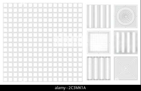 Plafonds suspendus à cassettes - grilyato. Kit pour un plafond modulaire - lampes et grilles de ventilation. Texture sans couture isolée sur fond blanc. Haut vi Banque D'Images