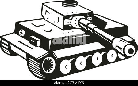 Illustration de style rétro noir et blanc d'une guerre mondiale deux tank panzer allemand visant à ce canon à côté sur un fond isolé. Illustration de Vecteur