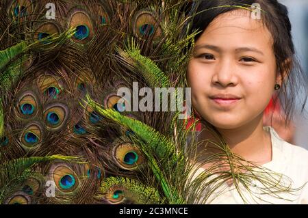 MAE HONG SON - 6 AVRIL : jeune fille Shan montrant un fan de plumes de paon pendant la traditionnelle Poy chanta long cérémonie où les jeunes garçons Shan Banque D'Images