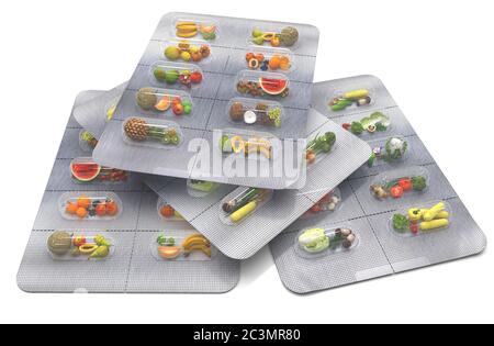 Vitamines naturelles en comprimés. Légumes frais et fruits en blister au lieu de pilules. Аlternative médecine. Multivitamines et compléments alimentaires pour Banque D'Images