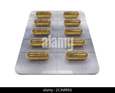 Or en pilules. Capsules dorées en blister sur fond blanc. Concept créatif. Illustration de rendu 3D Banque D'Images