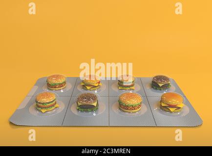 Petits sandwiches, hamburgers et cheeseburgers dans une plaquette thermoformée au lieu de pilules. Emballage alimentaire rapide en format de service sur fond jaune. Co. Créatif Banque D'Images