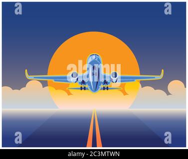 illustration stylisée de la logistique et du transport aérien. cargo dans les rayons du soleil levant arrivant sur terre Illustration de Vecteur