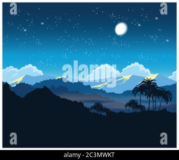 Illustration vectorielle stylisée paysage de jungle la nuit Illustration de Vecteur