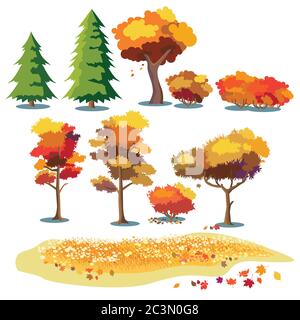 Ensemble de plantes vectorielles stylisées aux couleurs de l'automne. Arbustes, arbres, feuilles et champs avec herbe et fleurs Illustration de Vecteur