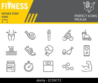 Jeu d'icônes de la ligne de fitness, collection de symboles sportifs, croquis vectoriels, illustrations de logo, icônes de la salle de sport, pictogrammes linéaires des panneaux de fitness, contour modifiable. Illustration de Vecteur