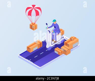 Concept isométrique de suivi de livraison de smartphone. Livraison par messagerie visible à partir de l'application Web, porte-boîte de scooter blanc. Illustration de Vecteur