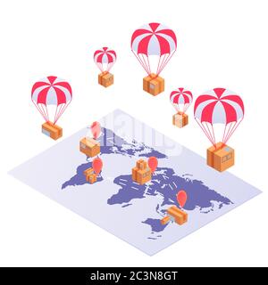 Concept isométrique mondial d'expédition. Transport mondial des marchandises boîtes jaunes parachute carte du monde. Illustration de Vecteur